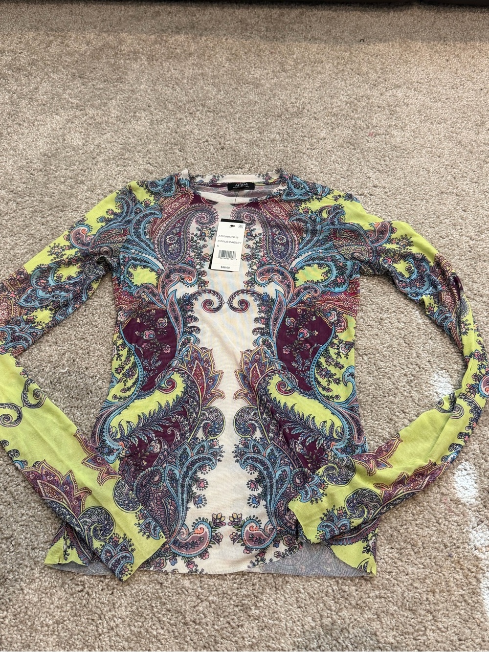 AFRM Neon Lime Paisley Mesh Long Sleeve Top